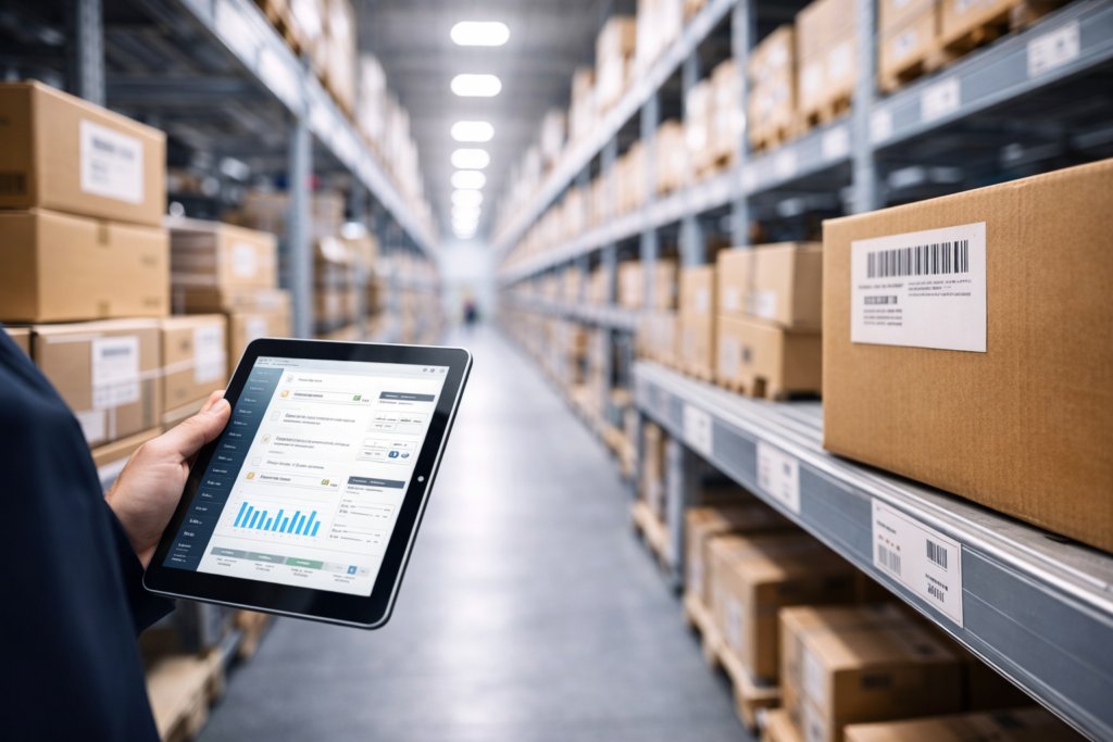Warehouse worker using tablet with analytics dashboard for inventory management